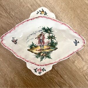 Antique Veuve Perrin VP France Handled Serving Bowl, Man Play Violin 8.5”x7”